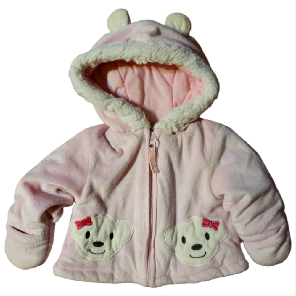 Vtg Powdery Soft Warm Lined Pink 3/6 Mo. Baby Bear Coat Parka Hand Covers